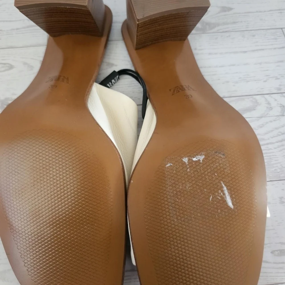 Zara Cream and Tan Leather Square Toe Sandals - Picture 6 of 7
